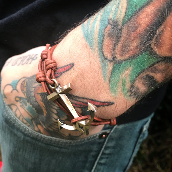 STRENGTH HOLD FAST ANCHOR BRACELET - BRONZE ON LEATHER CORD