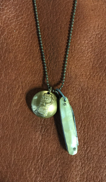 Rust Belt Americana Pocket Knife & Fist Button Necklace