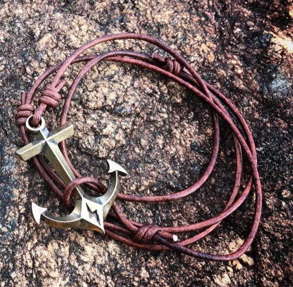 STRENGTH HOLD FAST ANCHOR BRACELET - BRONZE ON LEATHER CORD