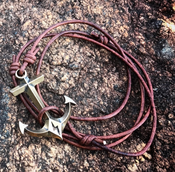 STRENGTH HOLD FAST ANCHOR BRACELET - BRONZE ON LEATHER CORD