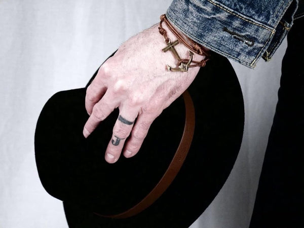 STRENGTH HOLD FAST ANCHOR BRACELET - BRONZE ON LEATHER CORD